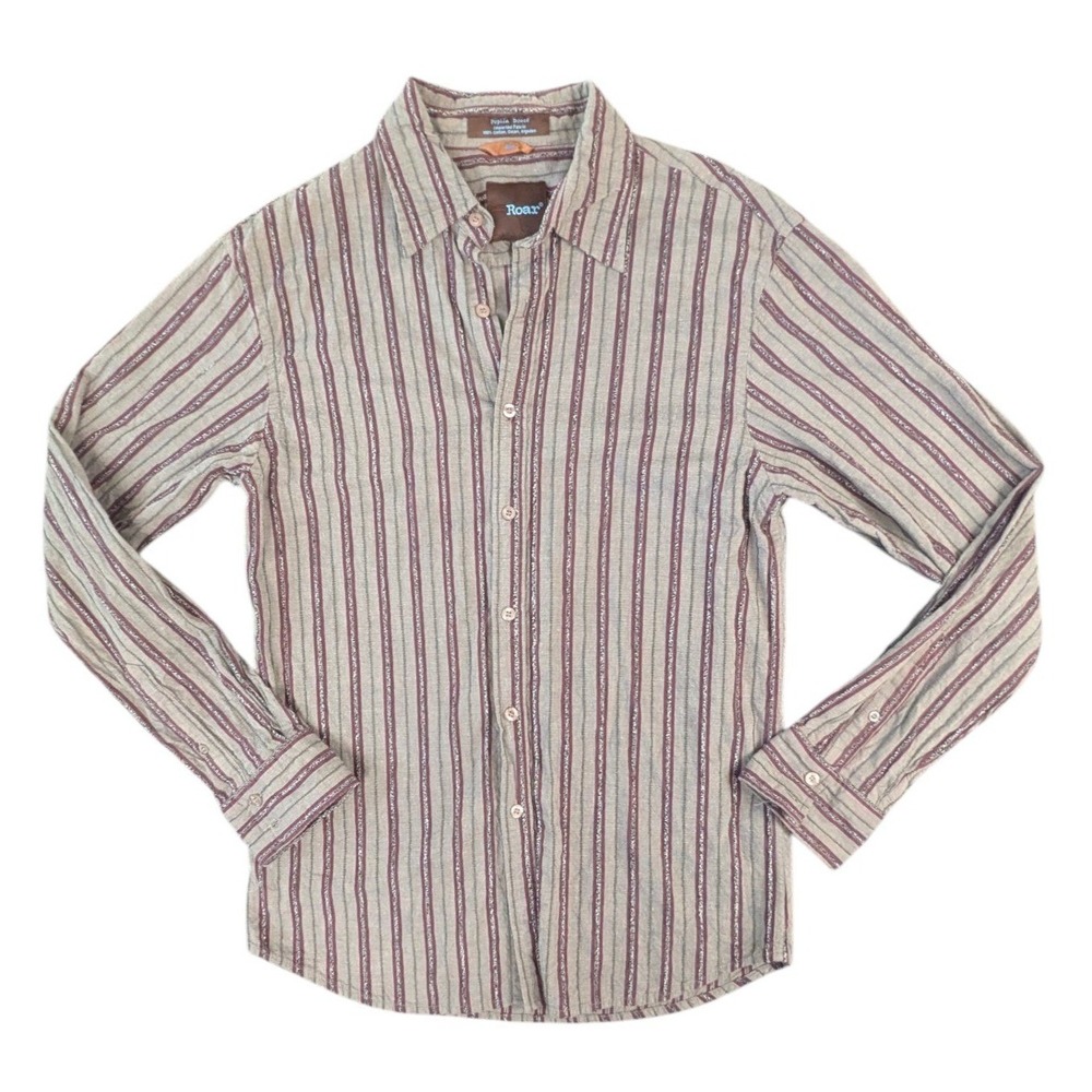 Roar Mens Large Grey Burgundy Striped 100% Cotton Poplin Douce Button Down Shirt